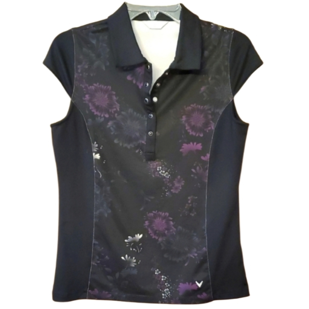 Calloway‎ Women's Black and Purple Floral Snap Polo Shirt Size Medium
